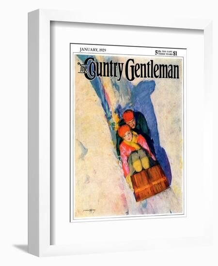 "Couple on Toboggan," Country Gentleman Cover, January 1, 1929-McClelland Barclay-Framed Giclee Print