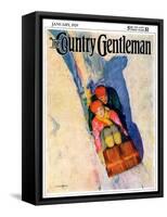 "Couple on Toboggan," Country Gentleman Cover, January 1, 1929-McClelland Barclay-Framed Stretched Canvas