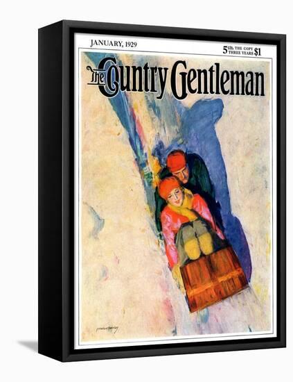 "Couple on Toboggan," Country Gentleman Cover, January 1, 1929-McClelland Barclay-Framed Stretched Canvas