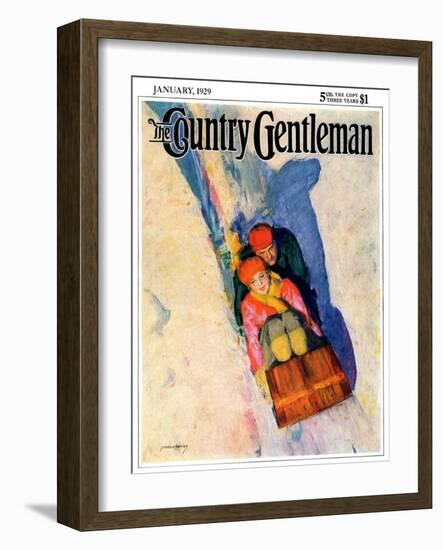 "Couple on Toboggan," Country Gentleman Cover, January 1, 1929-McClelland Barclay-Framed Giclee Print