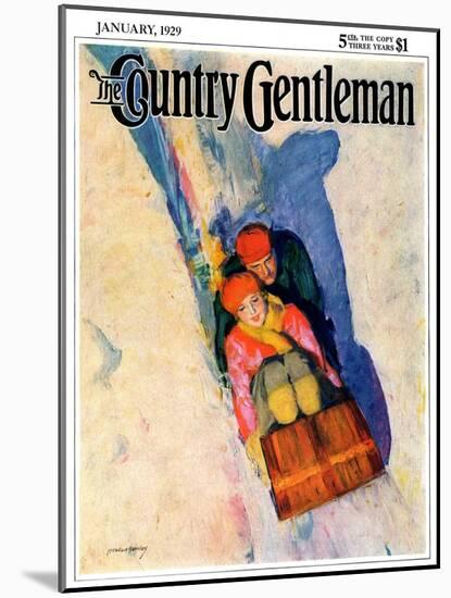 "Couple on Toboggan," Country Gentleman Cover, January 1, 1929-McClelland Barclay-Mounted Giclee Print