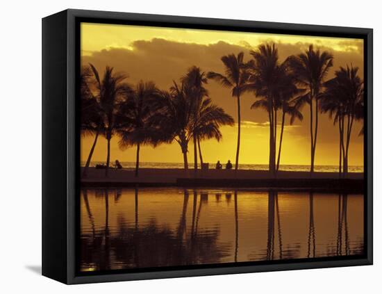 Couple, Palm Trees and Sunset Reflecting in Lagoon at Anaeho'omalu Bay, Big Island, Hawaii, USA-Merrill Images-Framed Stretched Canvas