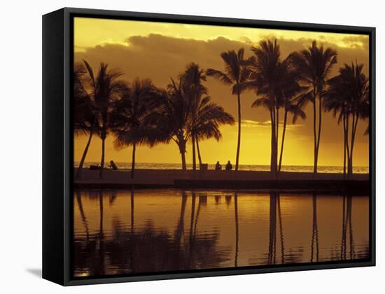 Couple, Palm Trees and Sunset Reflecting in Lagoon at Anaeho'omalu Bay, Big Island, Hawaii, USA-Merrill Images-Framed Stretched Canvas