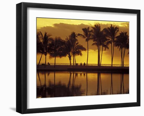 Couple, Palm Trees and Sunset Reflecting in Lagoon at Anaeho'omalu Bay, Big Island, Hawaii, USA-Merrill Images-Framed Premium Photographic Print