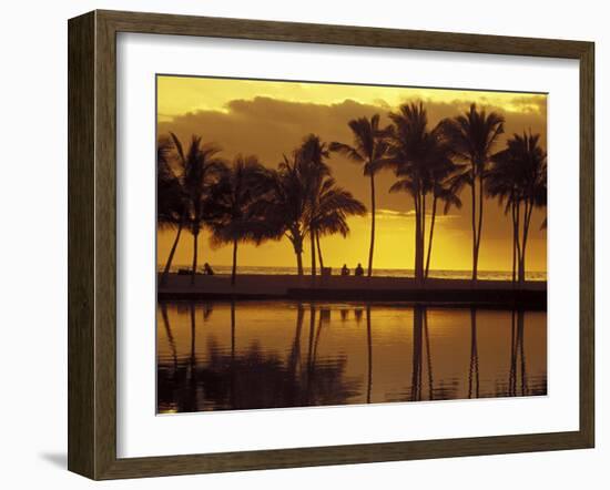 Couple, Palm Trees and Sunset Reflecting in Lagoon at Anaeho'omalu Bay, Big Island, Hawaii, USA-Merrill Images-Framed Photographic Print