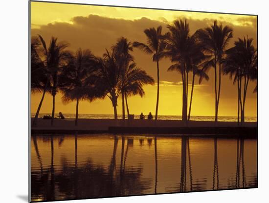 Couple, Palm Trees and Sunset Reflecting in Lagoon at Anaeho'omalu Bay, Big Island, Hawaii, USA-Merrill Images-Mounted Photographic Print