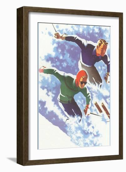 Couple Racing through Powder on Skis-null-Framed Art Print