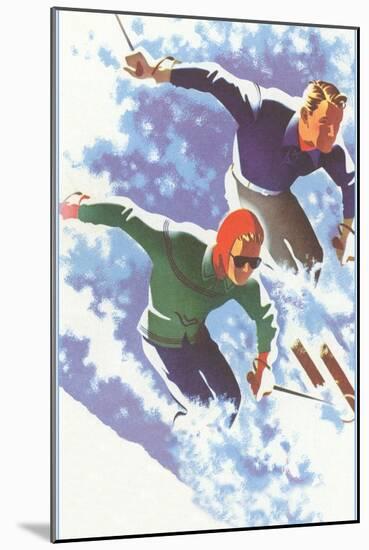 Couple Racing through Powder on Skis-null-Mounted Art Print