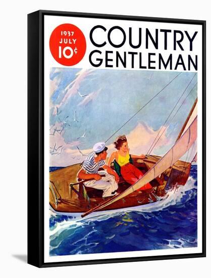 "Couple Sailing," Country Gentleman Cover, July 1, 1937-R.J. Cavaliere-Framed Stretched Canvas