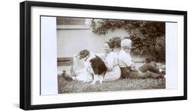 Couple Sitting Back to Back in a Garden, with Dog-null-Framed Photographic Print