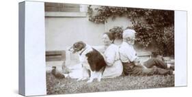Couple Sitting Back to Back in a Garden, with Dog-null-Stretched Canvas