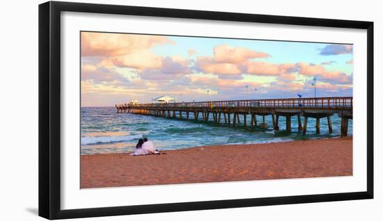Couple Sitting on the Beach at Sunset, Fort Lauderdale, Florida, USA-null-Framed Premium Photographic Print