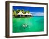 Couple Snorkling in Tropical Lagoon with over Water Bungalows-Martin Valigursky-Framed Photographic Print