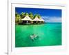 Couple Snorkling in Tropical Lagoon with over Water Bungalows-Martin Valigursky-Framed Photographic Print