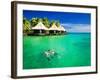 Couple Snorkling in Tropical Lagoon with over Water Bungalows-Martin Valigursky-Framed Photographic Print