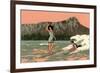 Couple Surfing at Diamond Head-null-Framed Art Print