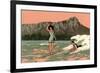 Couple Surfing at Diamond Head-null-Framed Art Print