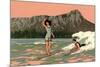 Couple Surfing at Diamond Head-null-Mounted Art Print