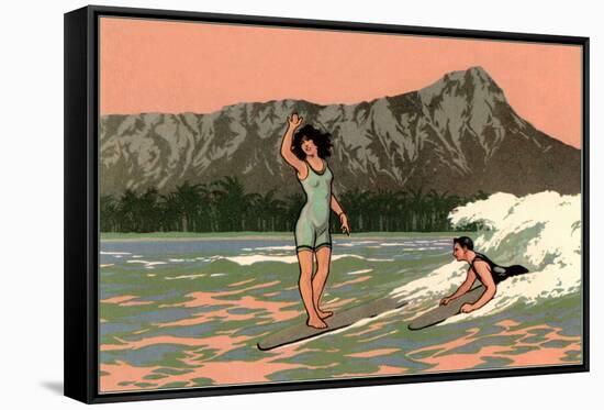 Couple Surfing at Diamond Head-null-Framed Stretched Canvas