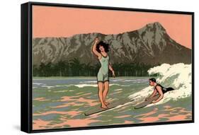Couple Surfing at Diamond Head-null-Framed Stretched Canvas