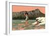 Couple Surfing at Diamond Head-null-Framed Art Print