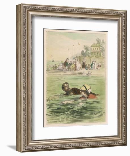 Couple Swim Side by Side off the Beach at Santander Spain-D. Eusebio Planas-Framed Art Print