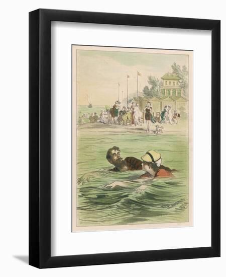 Couple Swim Side by Side off the Beach at Santander Spain-D. Eusebio Planas-Framed Art Print