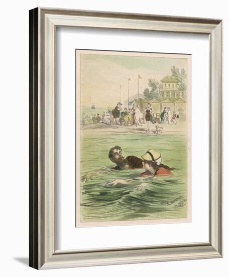 Couple Swim Side by Side off the Beach at Santander Spain-D. Eusebio Planas-Framed Art Print