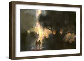 Couple Walk in the City Park at Night,Digital Painting-Tithi Luadthong-Framed Art Print