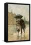 Couple Walking in the Rain on an English City Street, 1800s-null-Framed Stretched Canvas