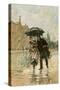 Couple Walking in the Rain on an English City Street, 1800s-null-Stretched Canvas