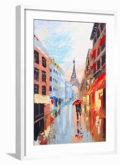 Couple Walking on the Streets of Paris against the Backdrop of the Eiffel Tower, Abstract Oil Paint-Fresh Stock-Framed Art Print