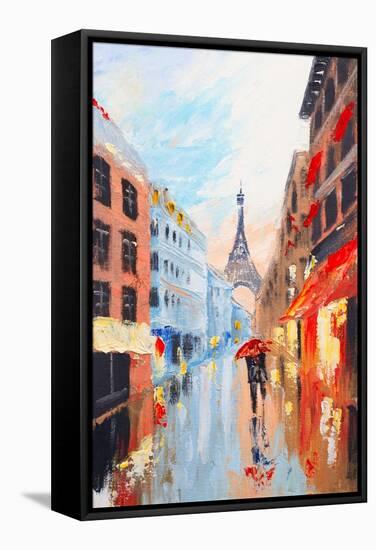 Couple Walking on the Streets of Paris against the Backdrop of the Eiffel Tower, Abstract Oil Paint-Fresh Stock-Framed Stretched Canvas