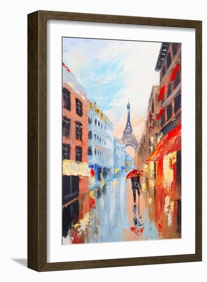 Couple Walking on the Streets of Paris against the Backdrop of the Eiffel Tower, Abstract Oil Paint-Fresh Stock-Framed Art Print