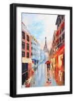 Couple Walking on the Streets of Paris against the Backdrop of the Eiffel Tower, Abstract Oil Paint-Fresh Stock-Framed Art Print