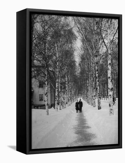 Couple Walking Through a Snow Covered Road-Carl Mydans-Framed Stretched Canvas