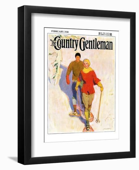 "Couple Wearing Snowshoes," Country Gentleman Cover, February 1, 1930-McClelland Barclay-Framed Premium Giclee Print