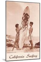 Couple with Surfboard with Octopus Motif-null-Mounted Art Print