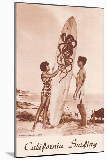 Couple with Surfboard with Octopus Motif-null-Mounted Art Print