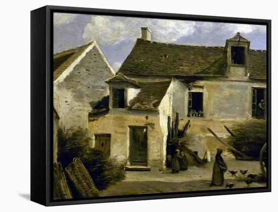 Cour d'une maison de paysans aux environs de Paris-Jean-Baptiste-Camille Corot-Framed Stretched Canvas