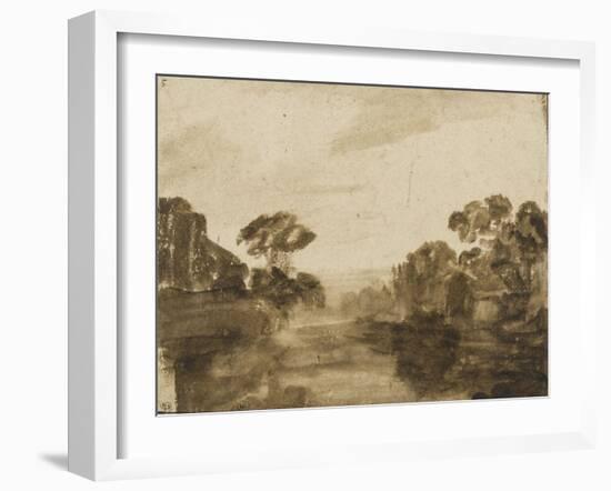 Cours d'eau aux rives boisées ou Impression de crépuscule-Rembrandt van Rijn-Framed Giclee Print