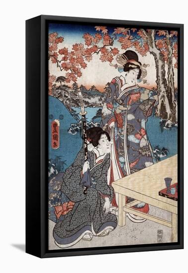 Court Ladies Gathering Maple Leaves, Japanese Wood-Cut Print-Lantern Press-Framed Stretched Canvas