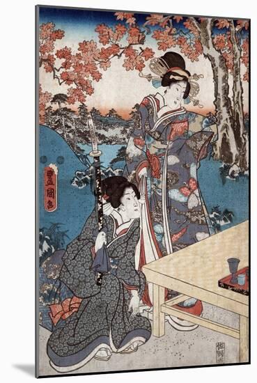 Court Ladies Gathering Maple Leaves, Japanese Wood-Cut Print-Lantern Press-Mounted Art Print