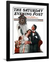 "Courting under the Clock at Midnight" Saturday Evening Post Cover, March 22,1919-Norman Rockwell-Framed Giclee Print