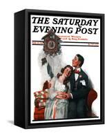 "Courting under the Clock at Midnight" Saturday Evening Post Cover, March 22,1919-Norman Rockwell-Framed Stretched Canvas