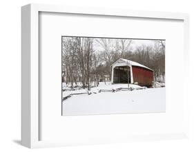 Covered bridge in snow covered forest, Beeson Covered Bridge, Billie Creek Village, Rockville, P...-Panoramic Images-Framed Photographic Print