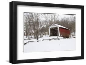 Covered bridge in snow covered forest, Beeson Covered Bridge, Billie Creek Village, Rockville, P...-Panoramic Images-Framed Photographic Print