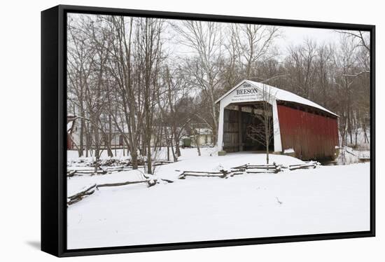 Covered bridge in snow covered forest, Beeson Covered Bridge, Billie Creek Village, Rockville, P...-Panoramic Images-Framed Stretched Canvas