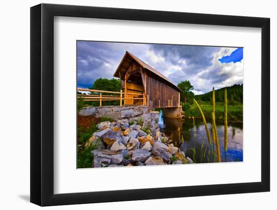 Covered bridge on river, Vermont, USA-null-Framed Photographic Print