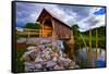 Covered bridge on river, Vermont, USA-null-Framed Stretched Canvas